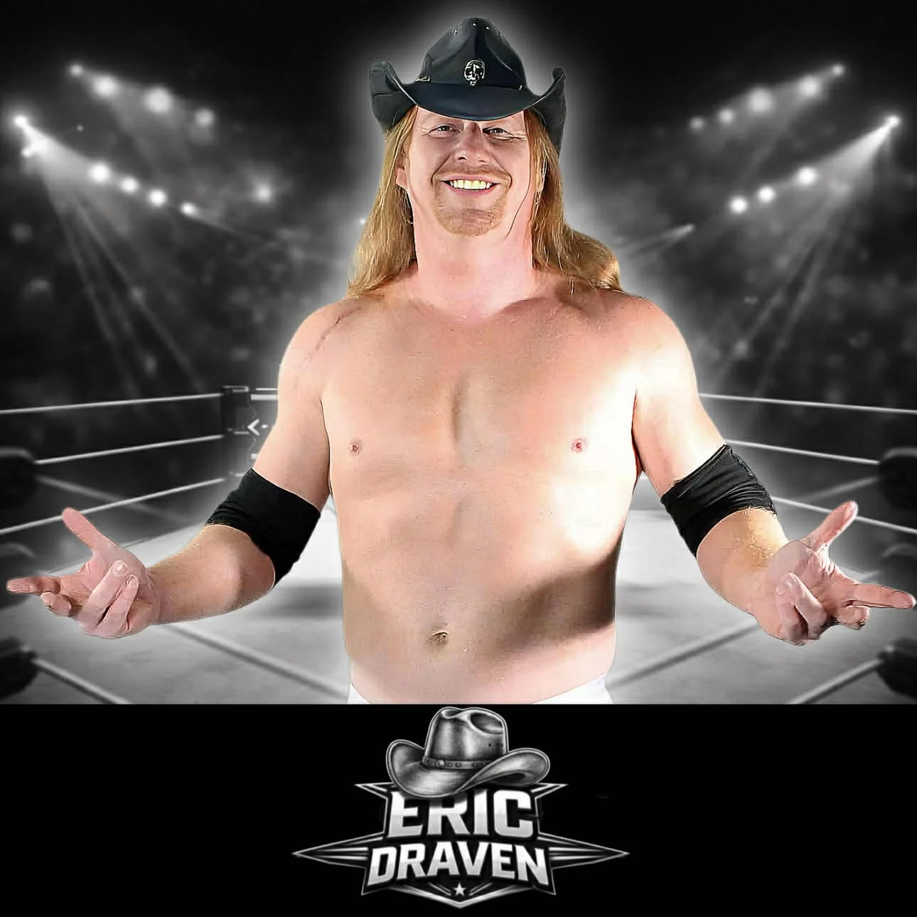 A shirtless man wearing a black cowboy hat and black arm bands, standing in a wrestling ring background, with the name "Eric Draven" and a cowboy hat logo at the bottom.