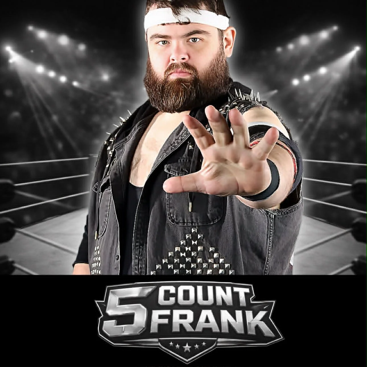 Professional wrestler Count Frank in a wrestling ring, wearing a spiked leather vest and a white headband, extending his hand forward with the ring in the background.