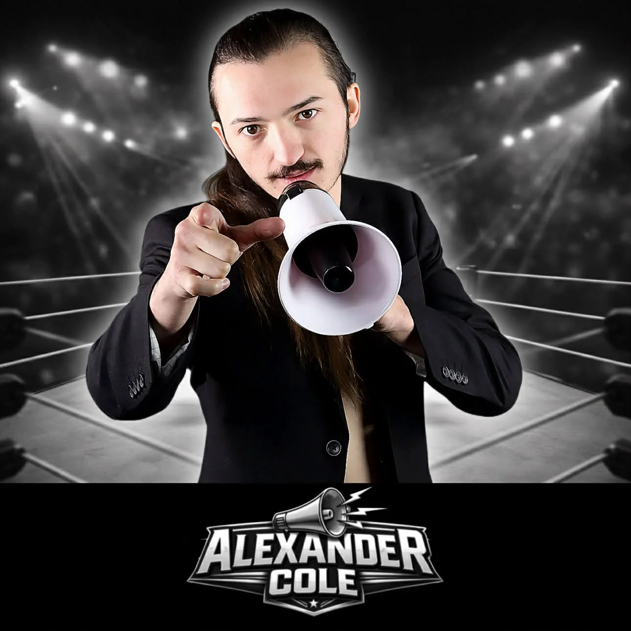 Man with long hair and mustache in a black suit holding a megaphone, pointing at the camera with a wrestling ring in the background, and a logo that says 'ALEXANDER COLE' with a megaphone icon underneath.