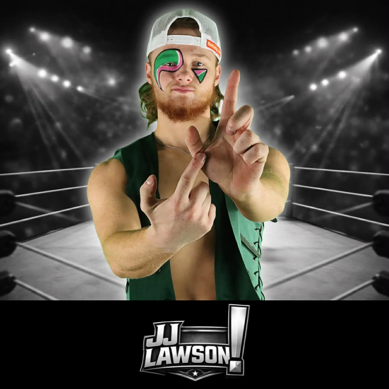 A man with a beard and long hair wearing a backwards white cap, with face paint, standing in a wrestling ring, holding up his middle fingers.