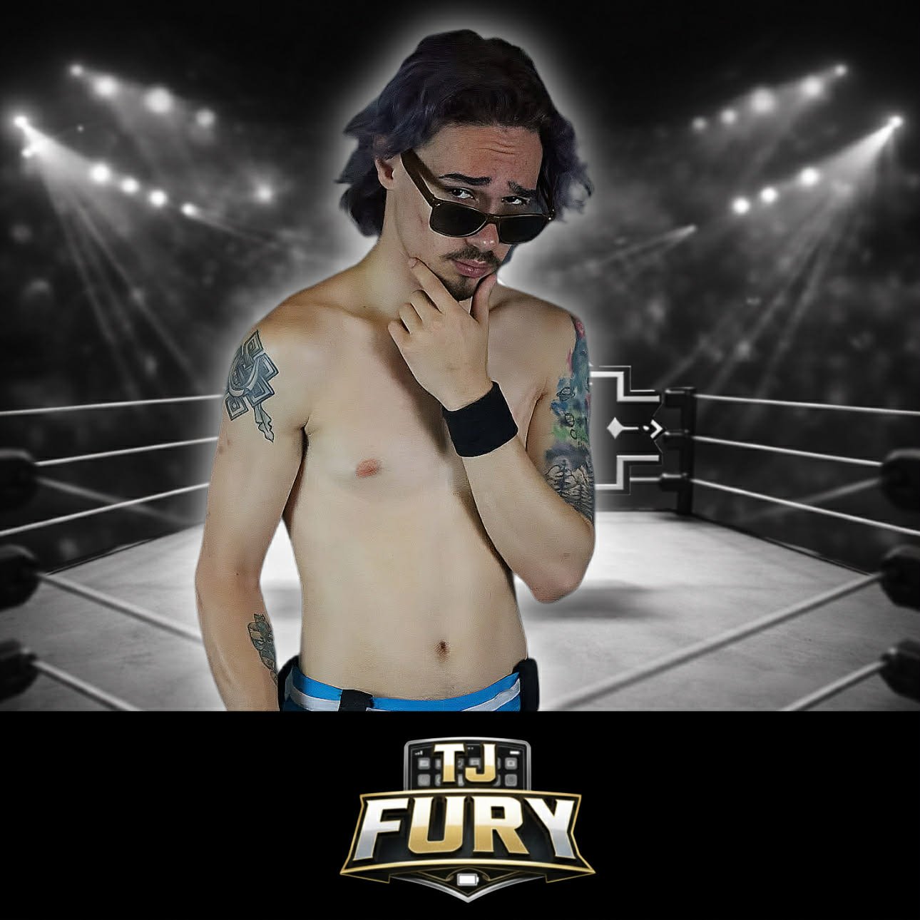 A shirtless man with tattoos, wearing sunglasses and a black wristband, standing in front of a wrestling ring with the logo 'TJ Fury' at the bottom.