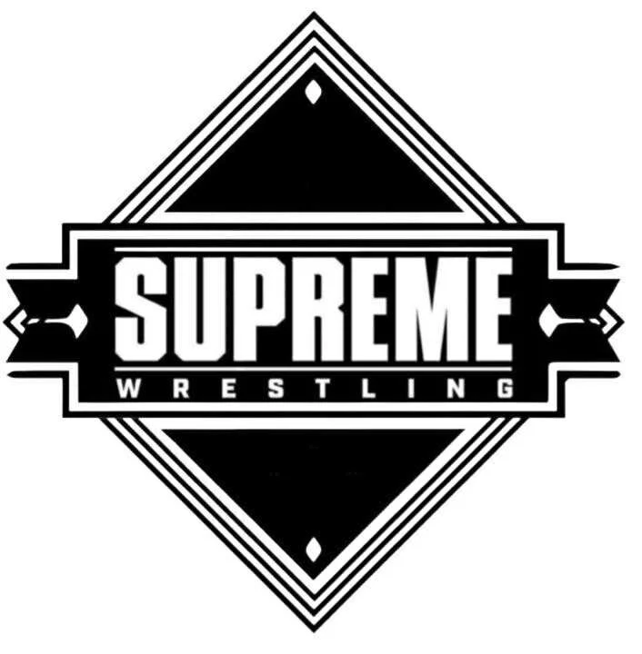 Black and white logo with a diamond shape, featuring the text 'SUPREME WRESTLING' in bold, with decorative lines and small diamond accents.