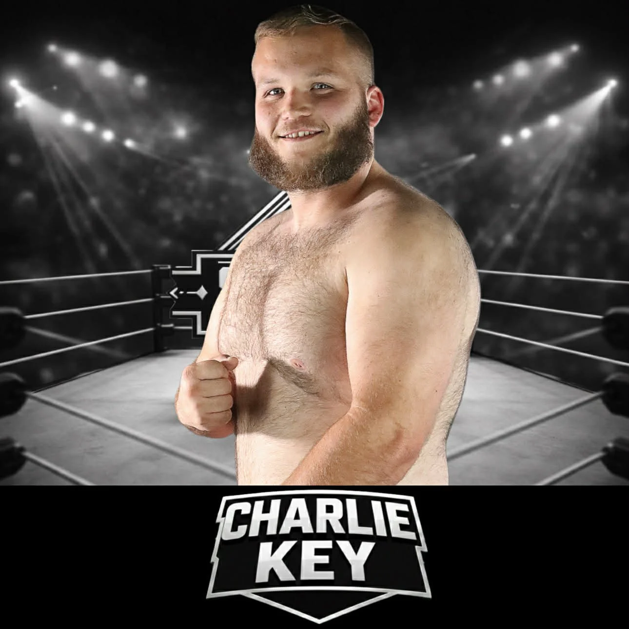 A shirtless man with a beard, smiling and making a fist, standing in a wrestling ring with the name 'Charlie Key' at the bottom.