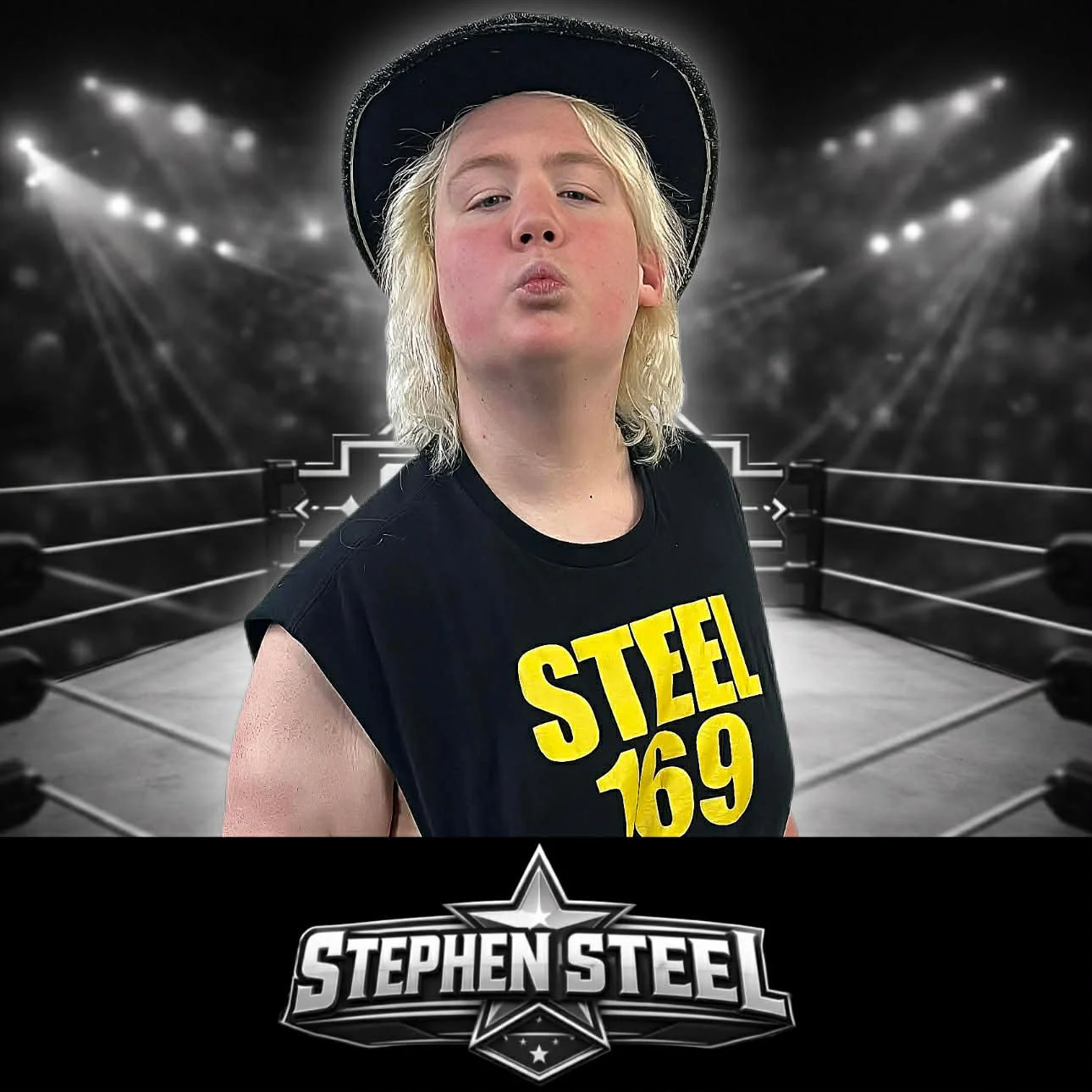 A person with long blonde hair wearing a black hat and a black sleeveless t-shirt with yellow text that reads 'STEEL 169', standing in front of a wrestling ring with spotlights in the background. The image also includes a logo at the bottom that says 'STEPHEN STEEL' with a star.