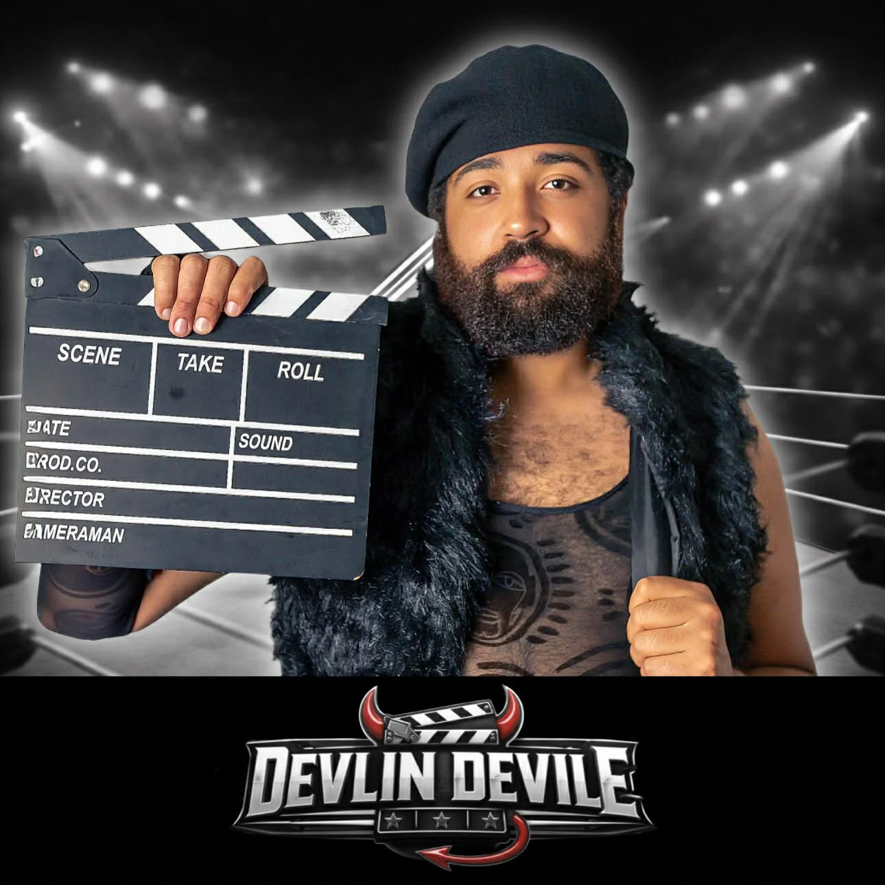A man with a beard, wearing a black beret and a black faux fur vest, holding a film clapboard in a wrestling ring. The background shows bright spotlights and a wrestling ring. The logo ''Devlin Deville'' is at the bottom of the image.