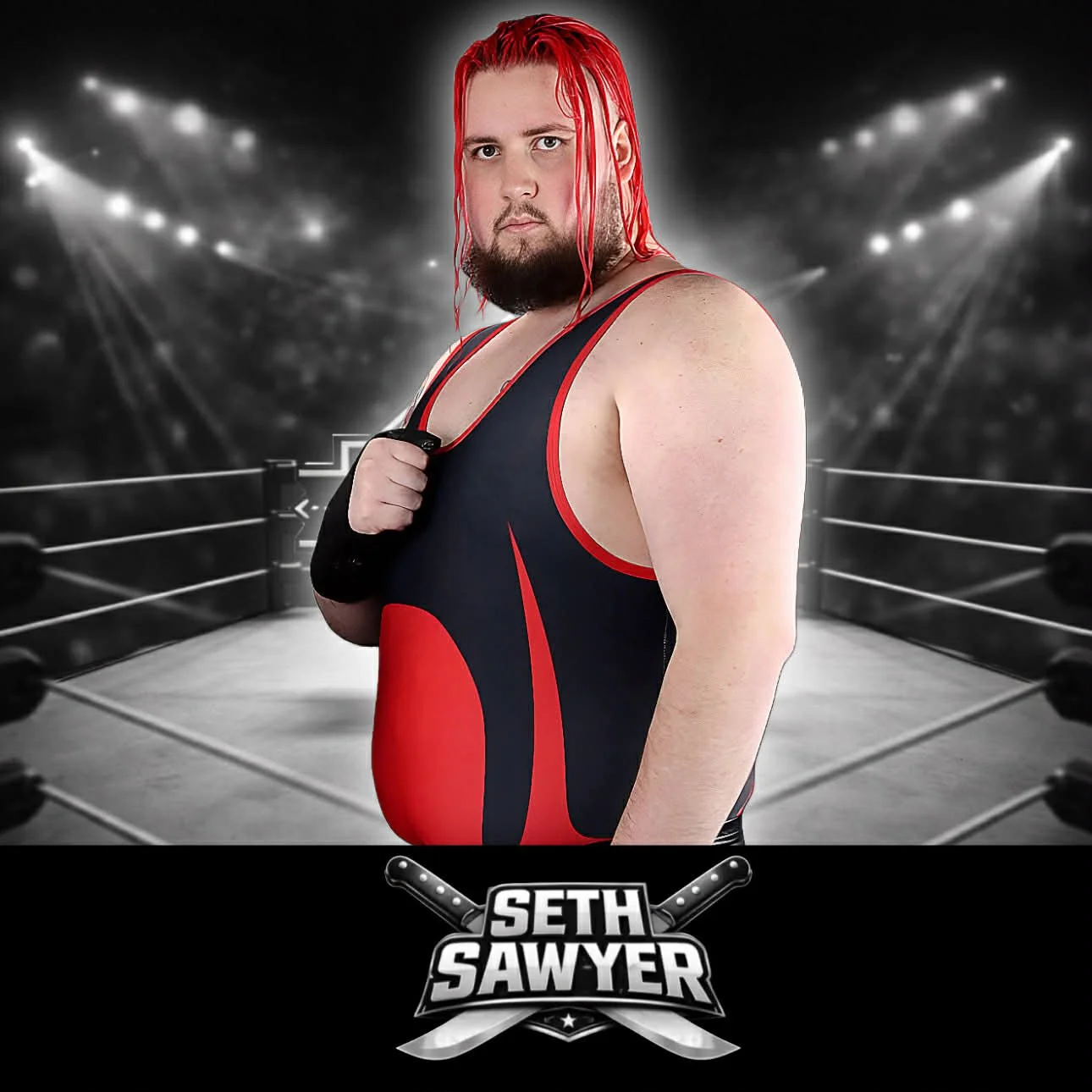 A professional wrestler with red hair, a beard, and a muscular build, standing in a wrestling ring with a spotlighted background. The wrestler is holding one strap of his black and red singlet and looking at the camera. The name 'Seth Sawyer' is displayed at the bottom with a graphic of crossed baseball bats.