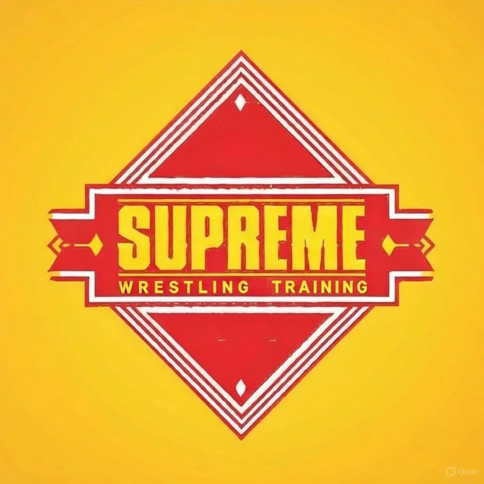 A red diamond-shaped logo with yellow text reading 'SUPREME' and smaller yellow text below that says 'WRESTLING TRAINING' on a yellow background.