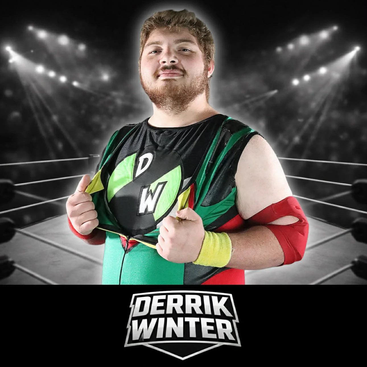 A man dressed as a superhero, wearing a black, green, red, and yellow costume, standing in an empty wrestling ring with bright stage lights in the background. The costume features a logo on his chest with the initials DW. The image includes the text 'Derrik Winter' at the bottom.