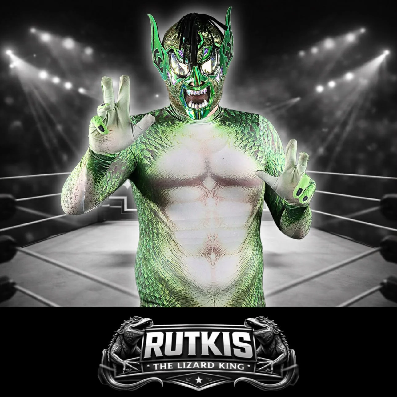 A person in a green and black lizard costume with a mask, standing in a wrestling ring with spotlights overhead, holding up peace signs. The bottom has a logo that reads "RUTKIS THE LIZARD KING" with two lizard illustrations.