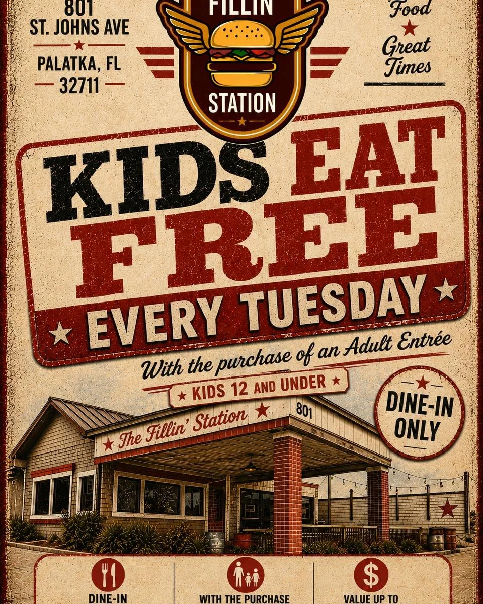 🍔🎉 TUESDAYS ARE FOR THE KIDS! 🎉🍟

Skip the cooking and bring the whole crew to The Fillin&rsquo; Station!

👧🧒 KIDS EAT FREE ALL DAY, EVERY TUESDAY!

Great food, happy kiddos, and one less meal to worry about! 🙌

📍 The Fillin&rsquo; Station | 