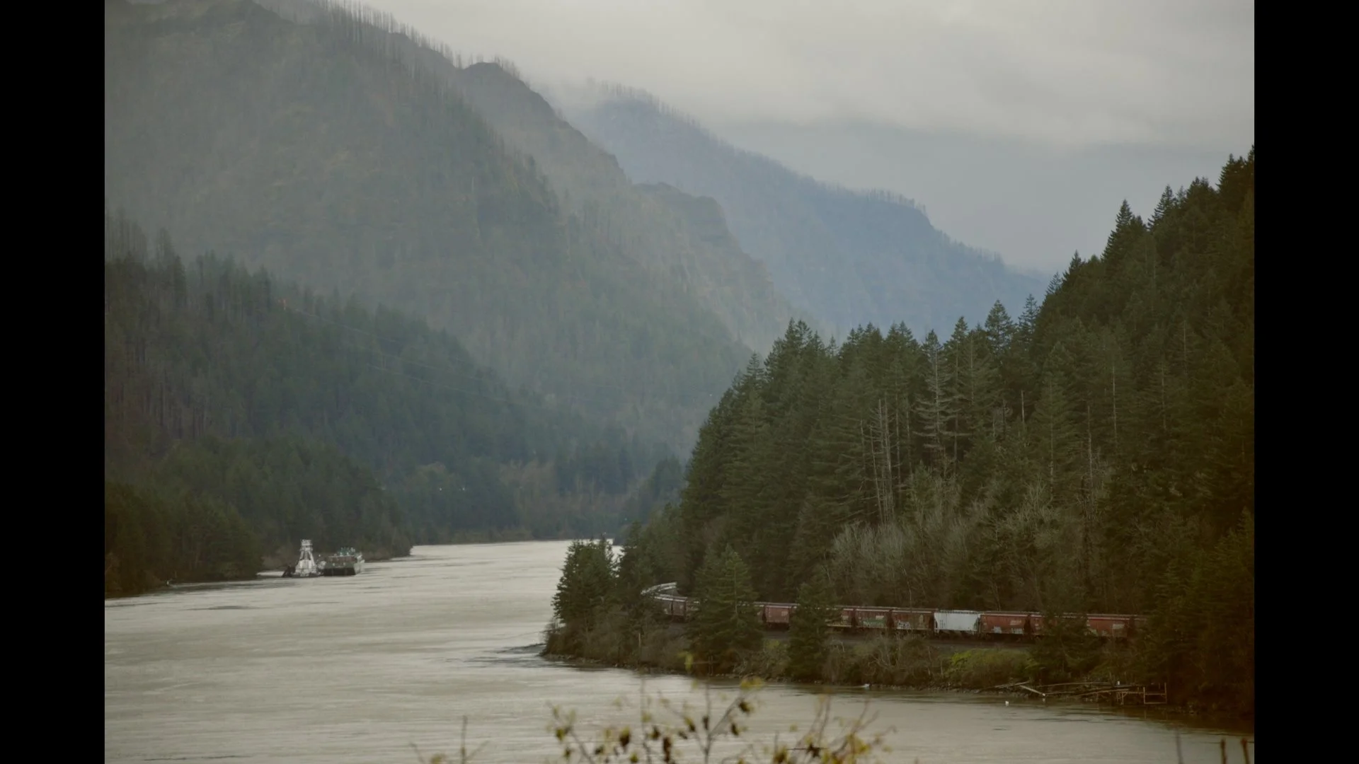 A river flowing through a forested mountainous landscape with a train running along the shoreline.