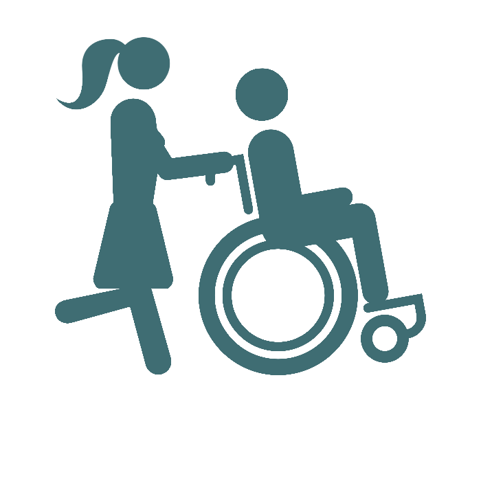 Icon of a person in a wheelchair being pushed by another person.