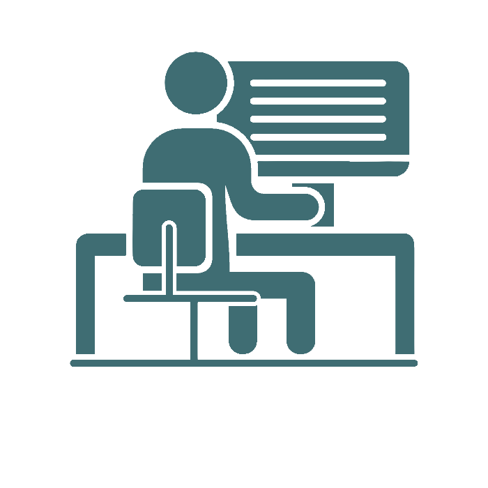 Icon of a person sitting at a desk working on a computer with a speech bubble or notes above.