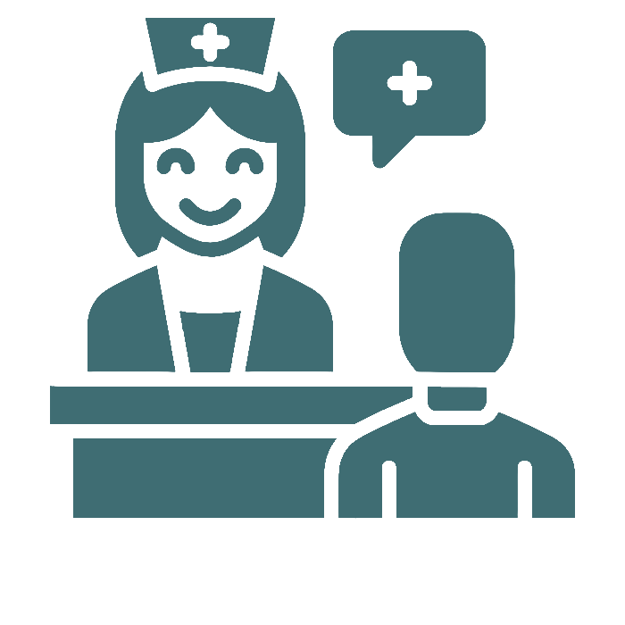 Icon of a nurse with a cross on her hat speaking to a patient, depicted with speech bubbles indicating communication.