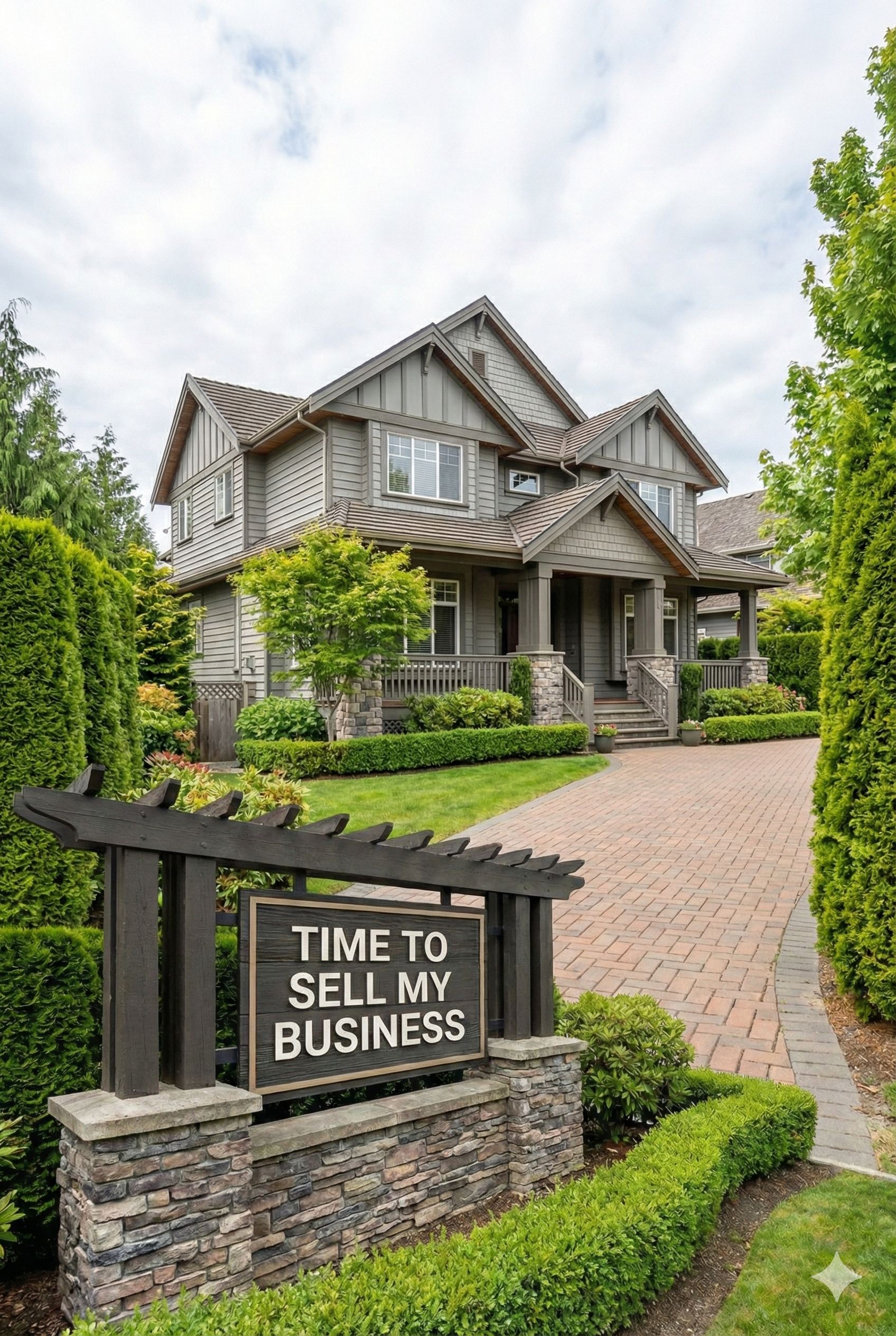 A large gray house with a front porch, surrounded by well-maintained greenery and a brick walkway. A sign in the front yard reads 'Time to sell my business.'