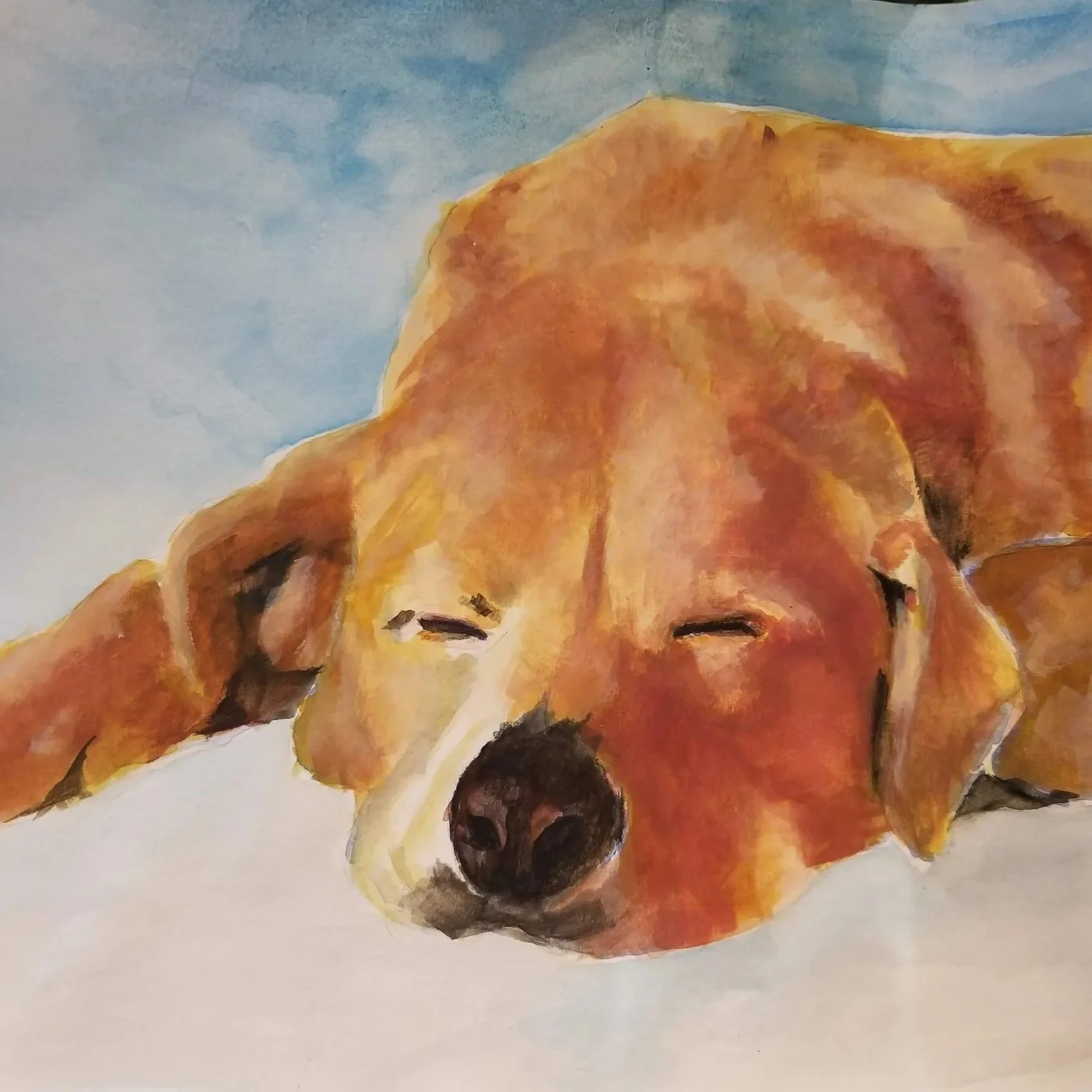 Watercolor painting of a yellow Labrador retriever puppy lying down with its eyes closed.