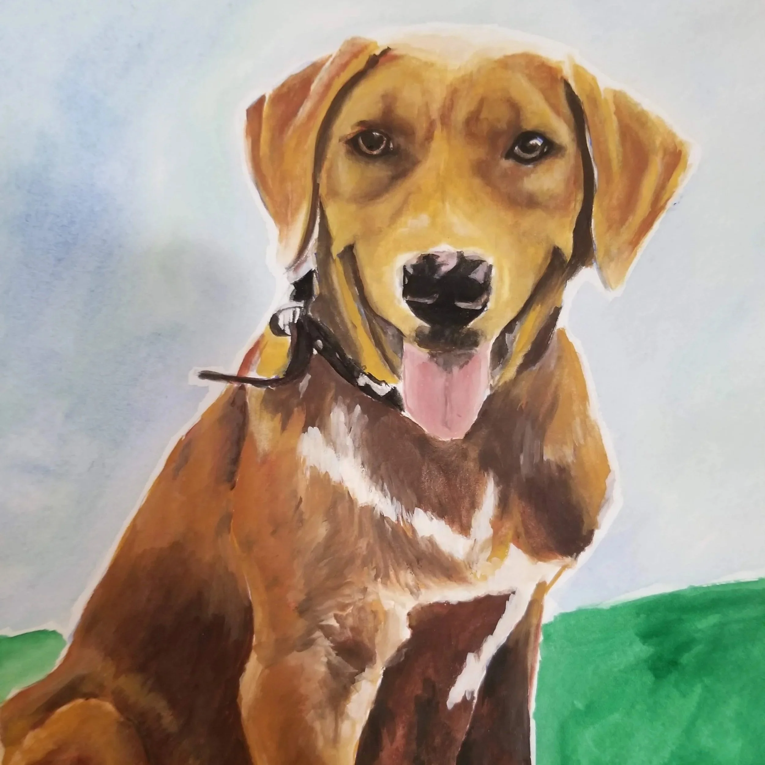 Painting of a happy brown and white dog with floppy ears, sitting on green grass with a cloudy sky background.