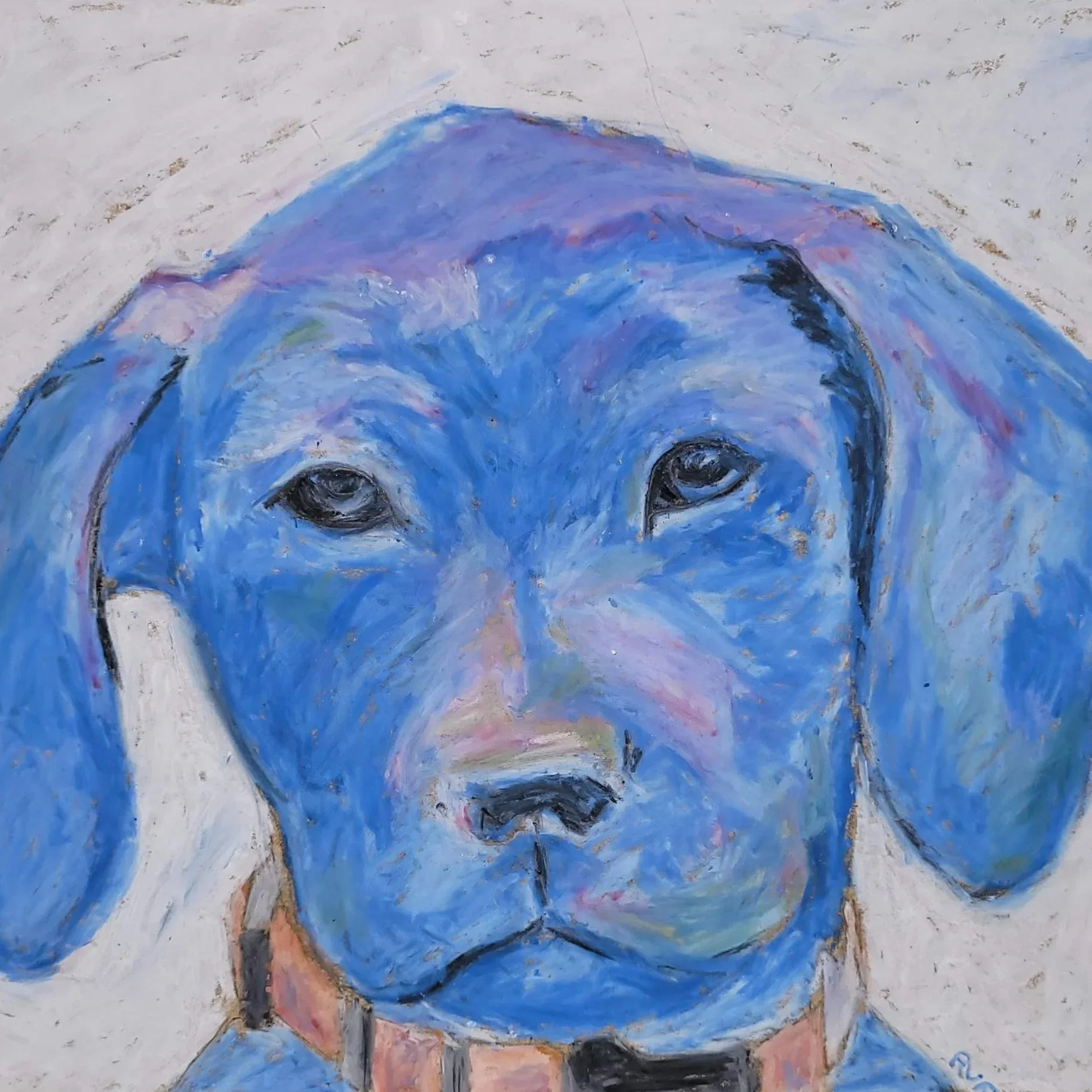 A painting of a blue dog with floppy ears and detailed eyes, wearing a collar.
