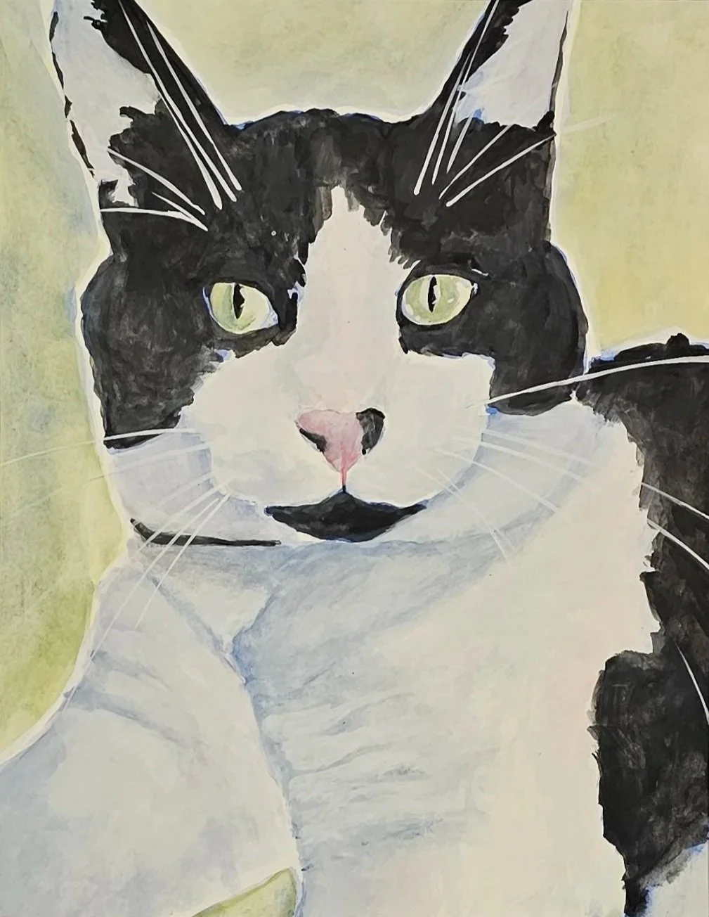 A watercolor painting of a black and white cat with green eyes, pink nose, and black markings on its face and body, looking directly at the viewer.