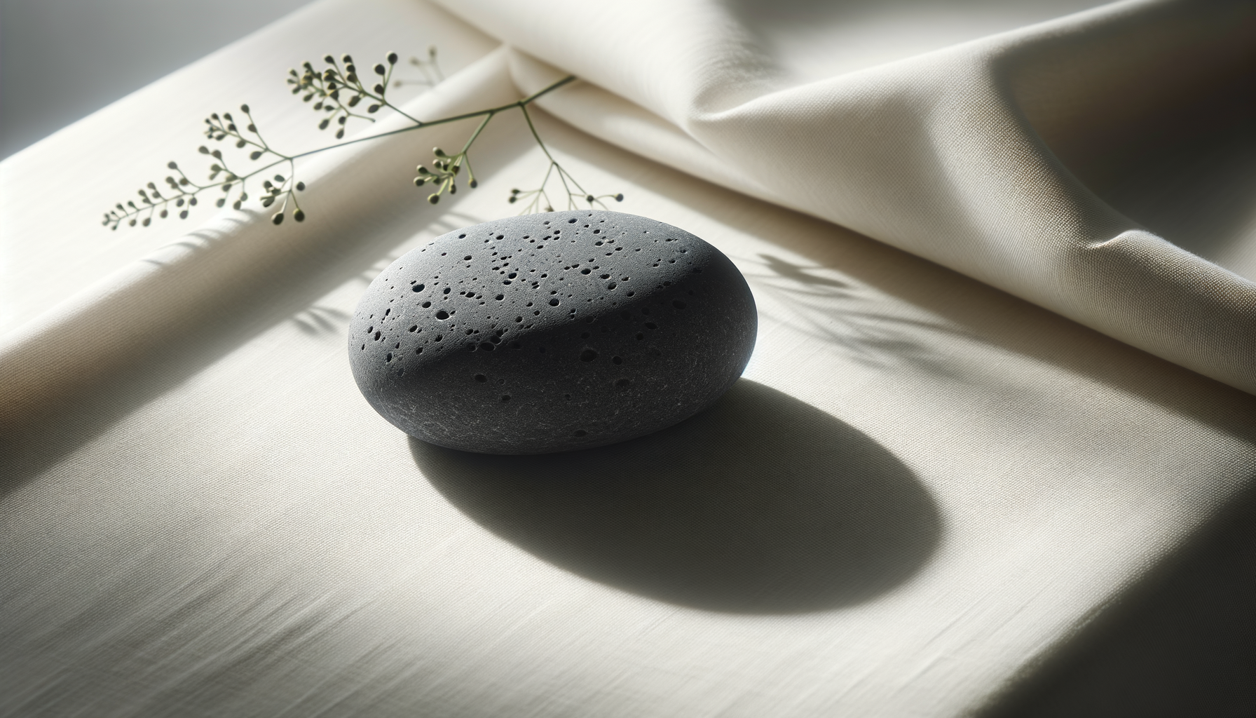 A smooth, black stone with tiny holes, resting on a light-colored fabric with a branch with small leaves casting shadows nearby.