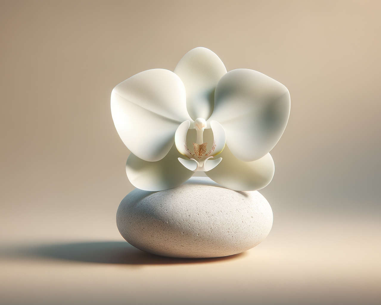A white orchid flower with large petals sits on a smooth, round white stone surface.