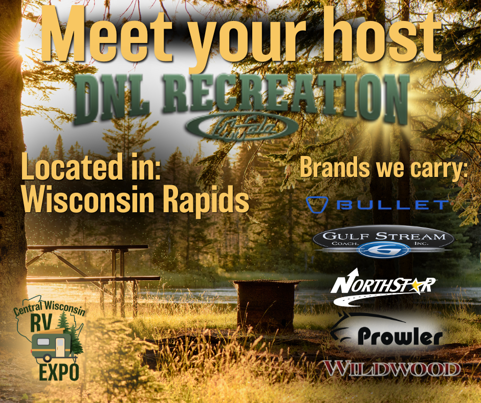 An advertisement for DNL Recreation, a host located in Wisconsin Rapids, offering brands like Bullet, Gulf Stream, Northstar, Prowler, and Wildwood, with a background of a forest and sunset.