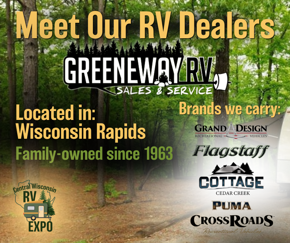Advertisement for Greenway RV dealership in Wisconsin Rapids with logos of brands carried and a forest path background.