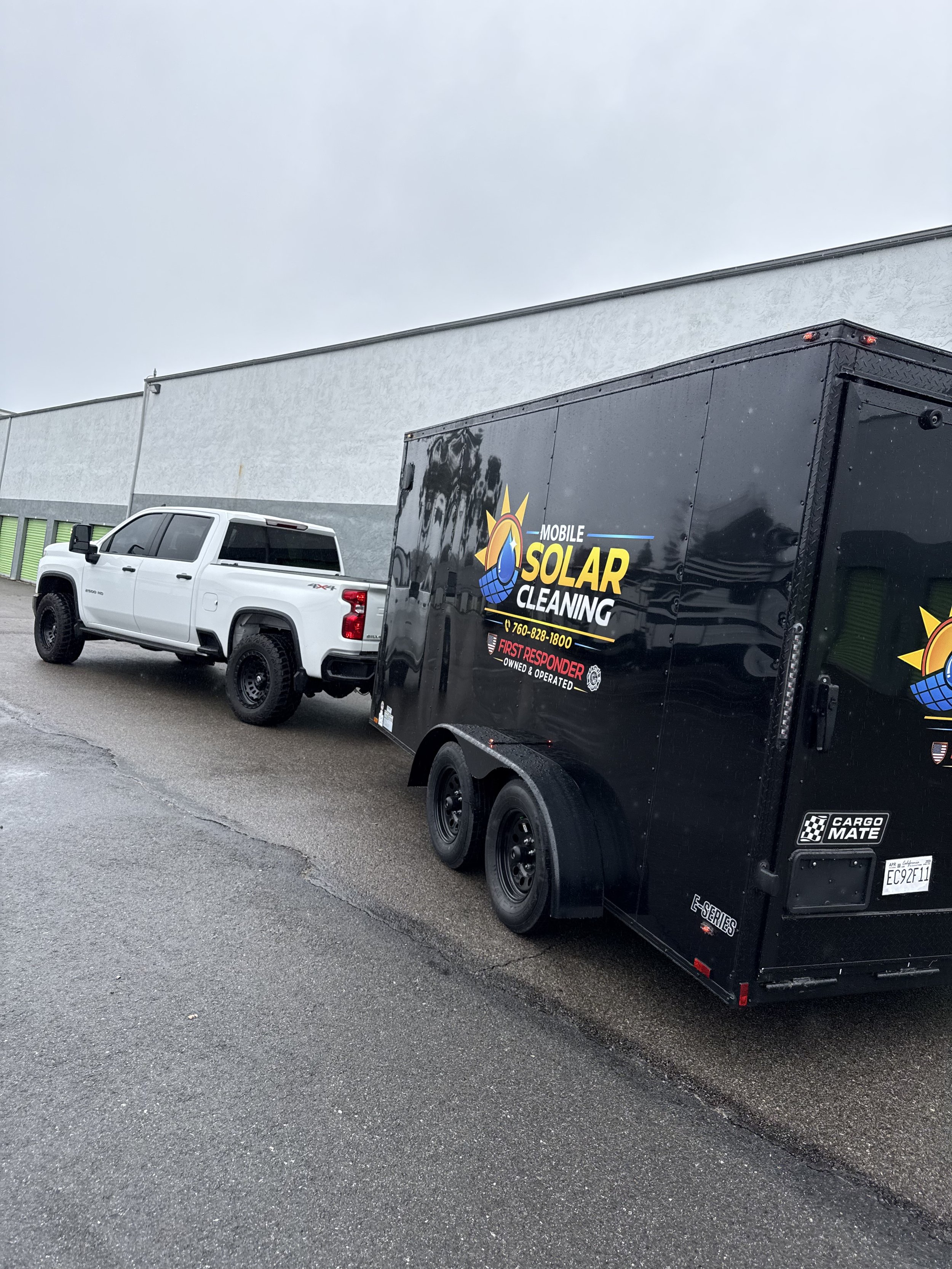 Mobile Solar Cleaning branded truck and trailer — David and Gilbert Reyes, First Responder owned solar panel cleaning company serving San Diego, CA.