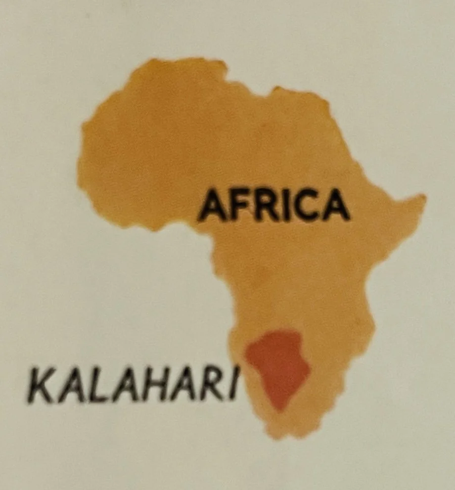 Map of Africa with the countries shaded in orange, highlighting the Kalahari Desert in red.
