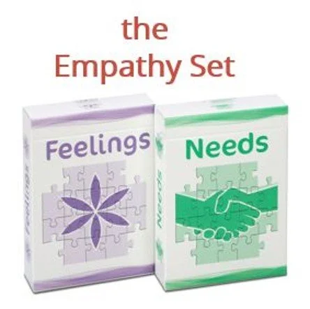 Two boxes of an empathy set, one labeled 'Feelings' with a purple flower, and the other labeled 'Needs' with a green handshake icon.