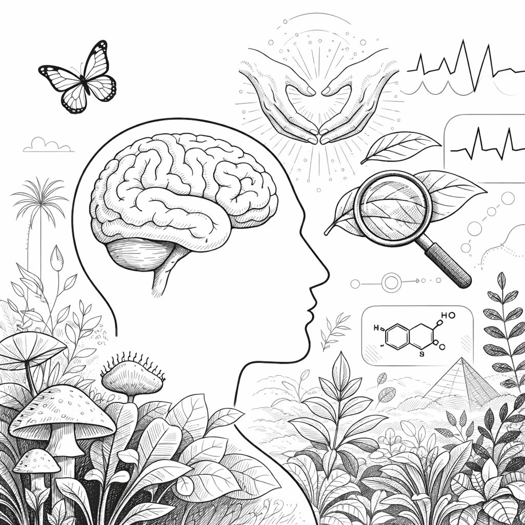 Illustration of a human head with a visible brain, surrounded by nature, symbols, and abstract elements representing thoughts, emotions, and awareness.