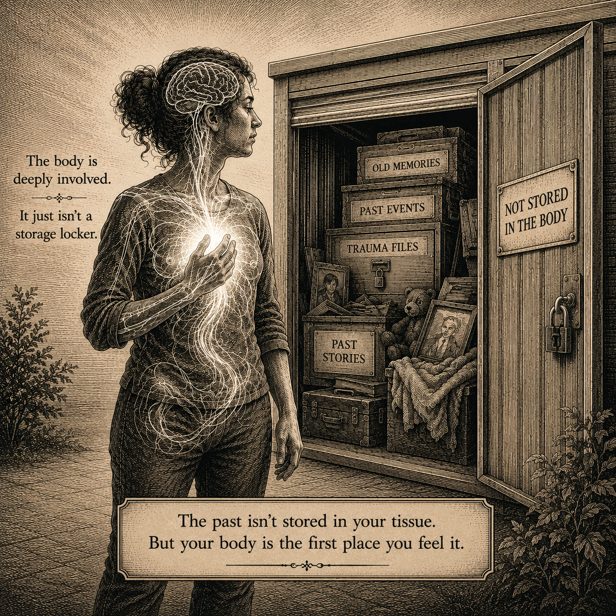 Vintage engraving of a woman with her nervous system drawn as light through her whole body, standing beside an open storage locker of labeled memory boxes marked "not stored in the body."