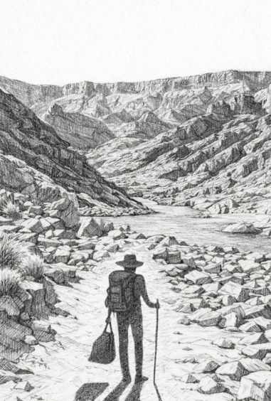 Black and white silhouette of John Ford in the Fish River Canyon, holding a bag and a walking stick