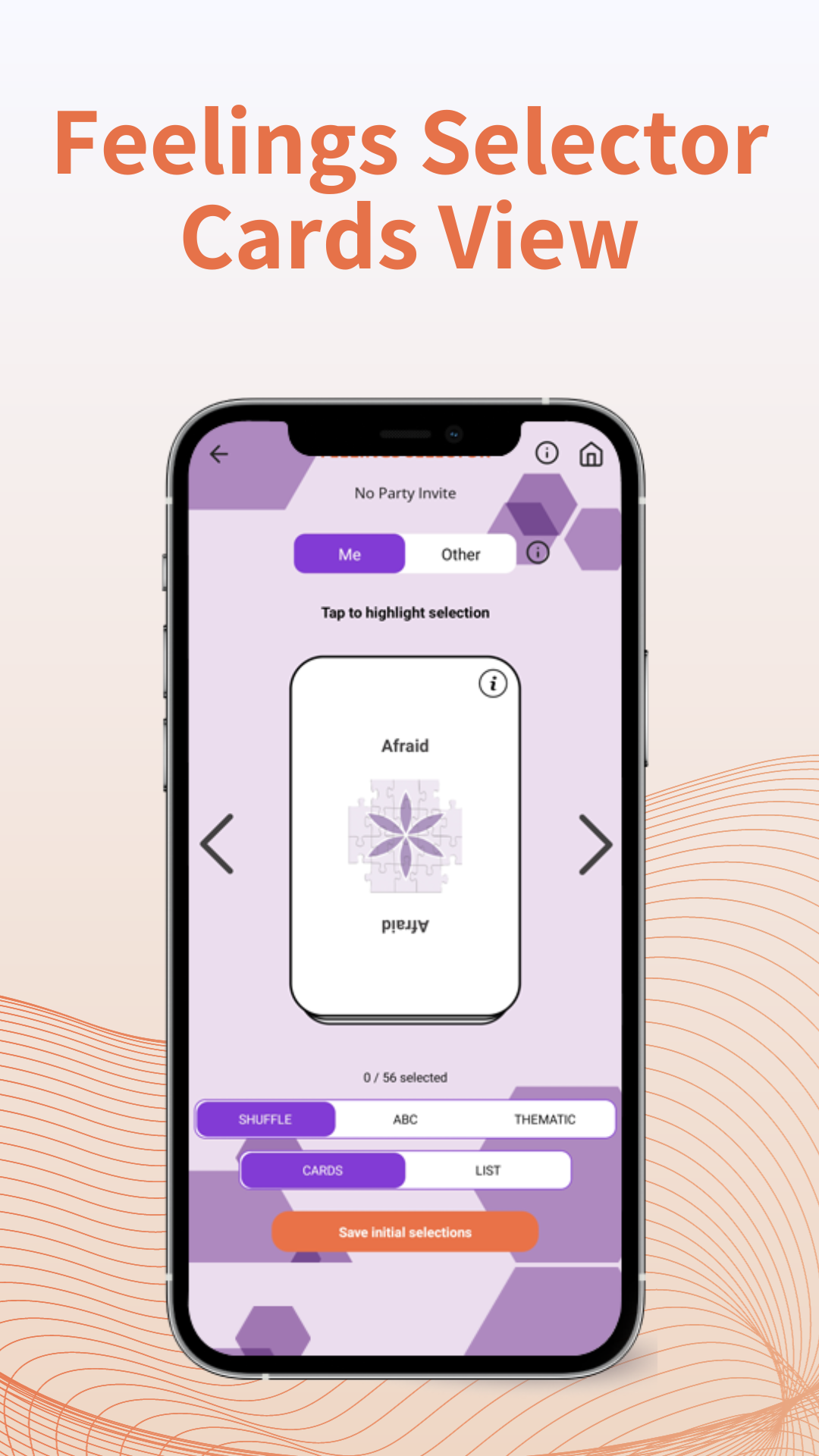Mobile app screen displaying a feelings selector card named "Afraid" with options to shuffle, view alphabetic or thematic cards, and save selected feelings.