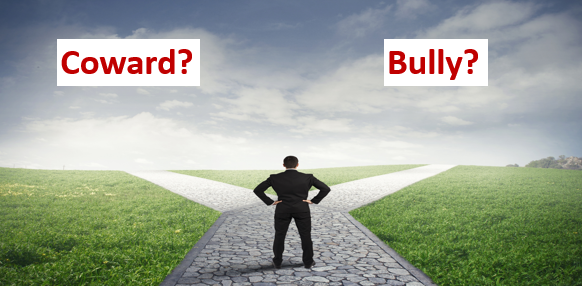 A man standing at a fork in the road with two paths, labeled 'Coward?' on the left and 'Bully?' on the right, in a grassy landscape under a cloudy sky.