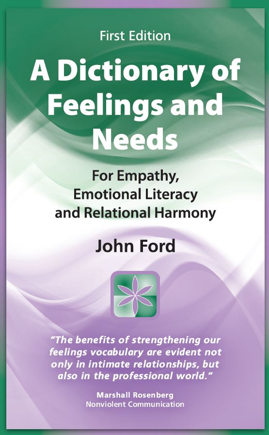 Book cover titled "A Dictionary of Feelings and Needs" by John Ford, promoting emotional literacy and relational harmony.