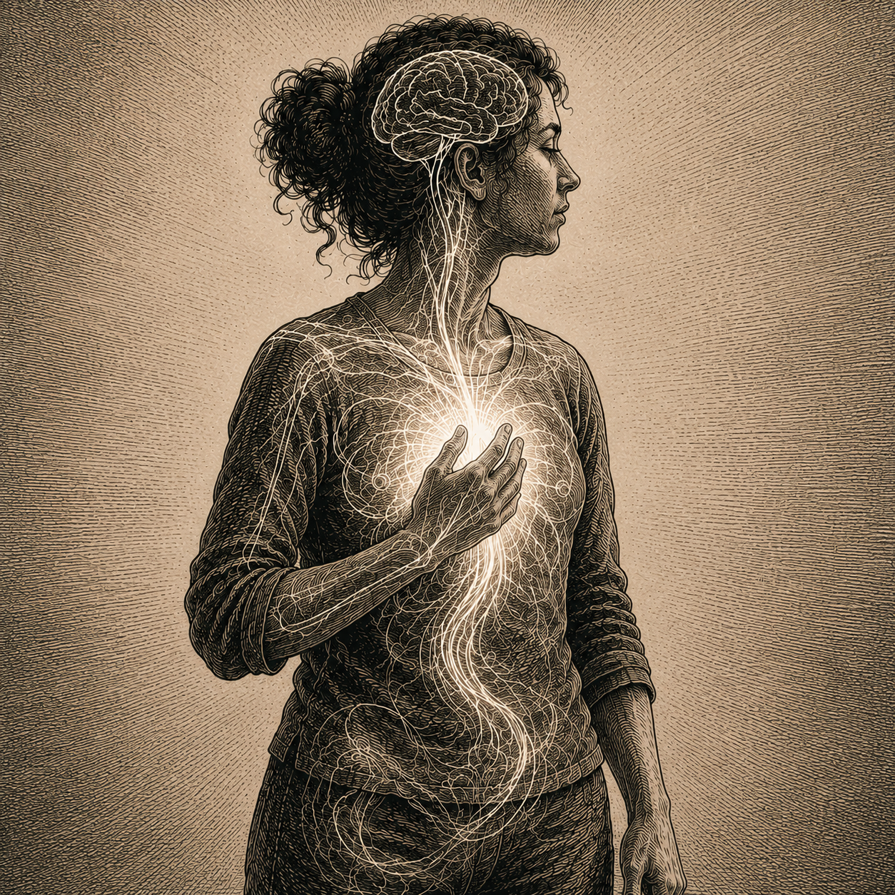 Vintage engraving of a woman in profile with her nervous system drawn as a single continuous line of light running from her head down through her heart and body, one hand resting on her chest.