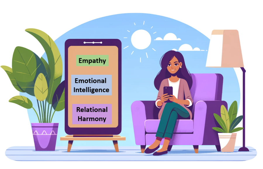 A woman sitting on a purple armchair, holding a smartphone, next to a large digital screen displaying the words 'Empathy,' 'Emotional Intelligence,' and 'Relational Harmony,' with houseplants and a lamp in a bright, sunny room.