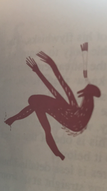 San Rock Art depicting a stylized therianthrope with a long neck, a small antelope head, and elongated arms in back flying position.