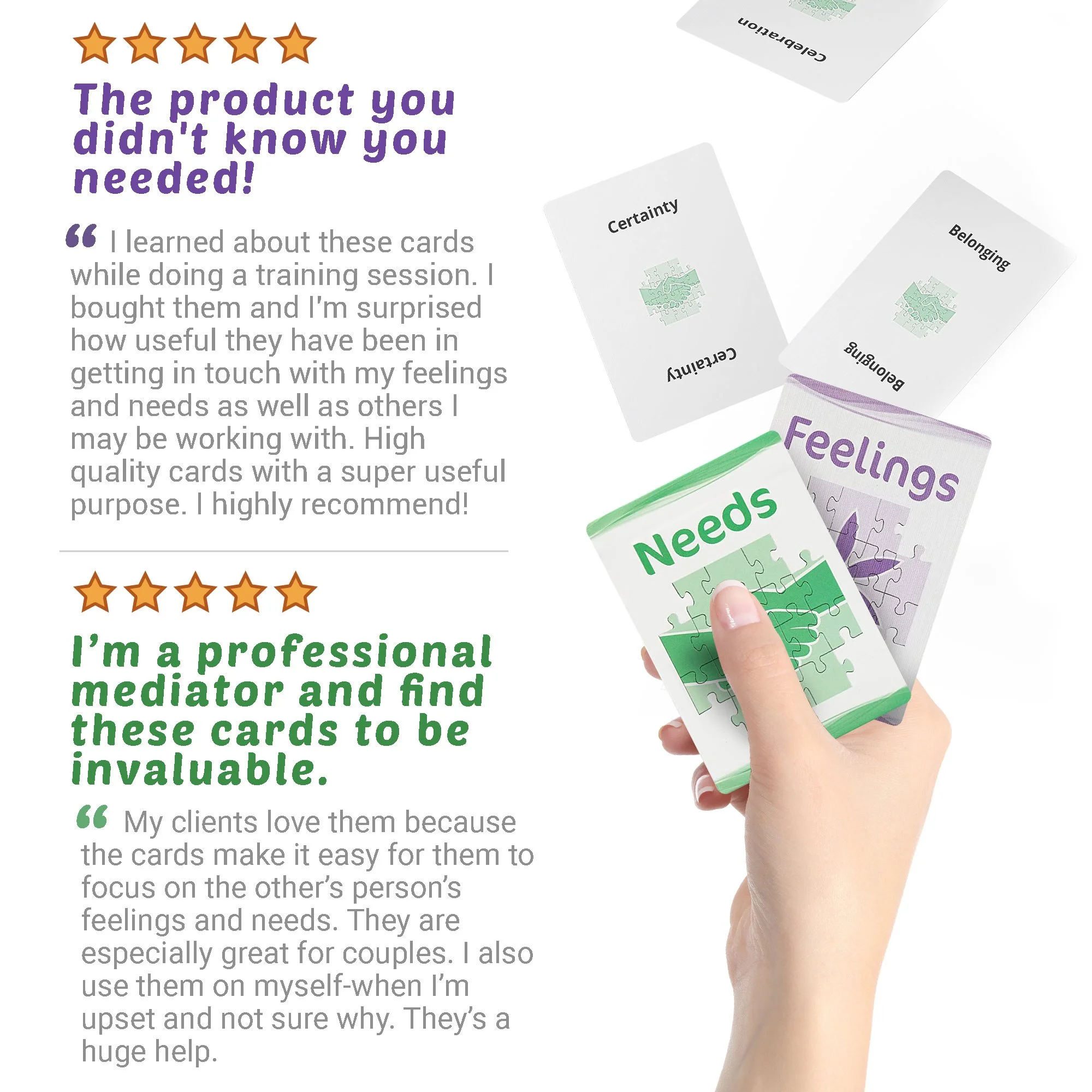 Cards labeled 'Feelings,' 'Needs,' 'Certainty,' 'Belonging,' and 'Confidence' are shown, with a hand holding the 'Needs' card. The background contains a motivational quote and customer reviews about the usefulness of the cards.
