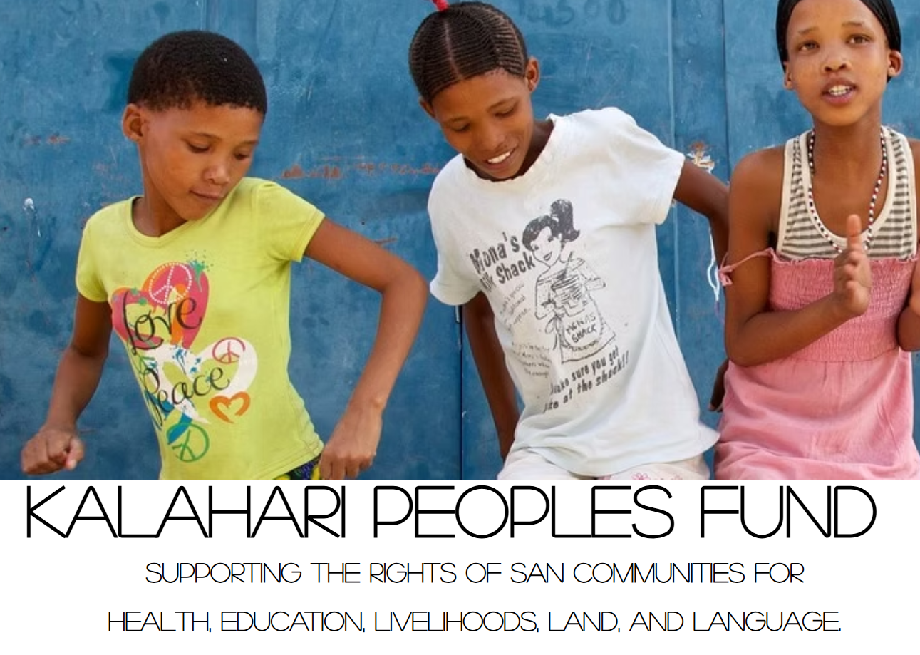 San children from southern Africa standing together outdoors, representing community, culture, and resilience, as featured by the Kalahari Peoples Fund in its work supporting Indigenous land rights, education, health, and cultural survival.