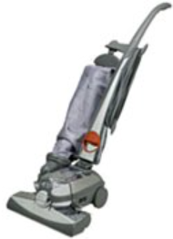 A gray upright vacuum cleaner with a handle, base, and a transparent dust collection bag.