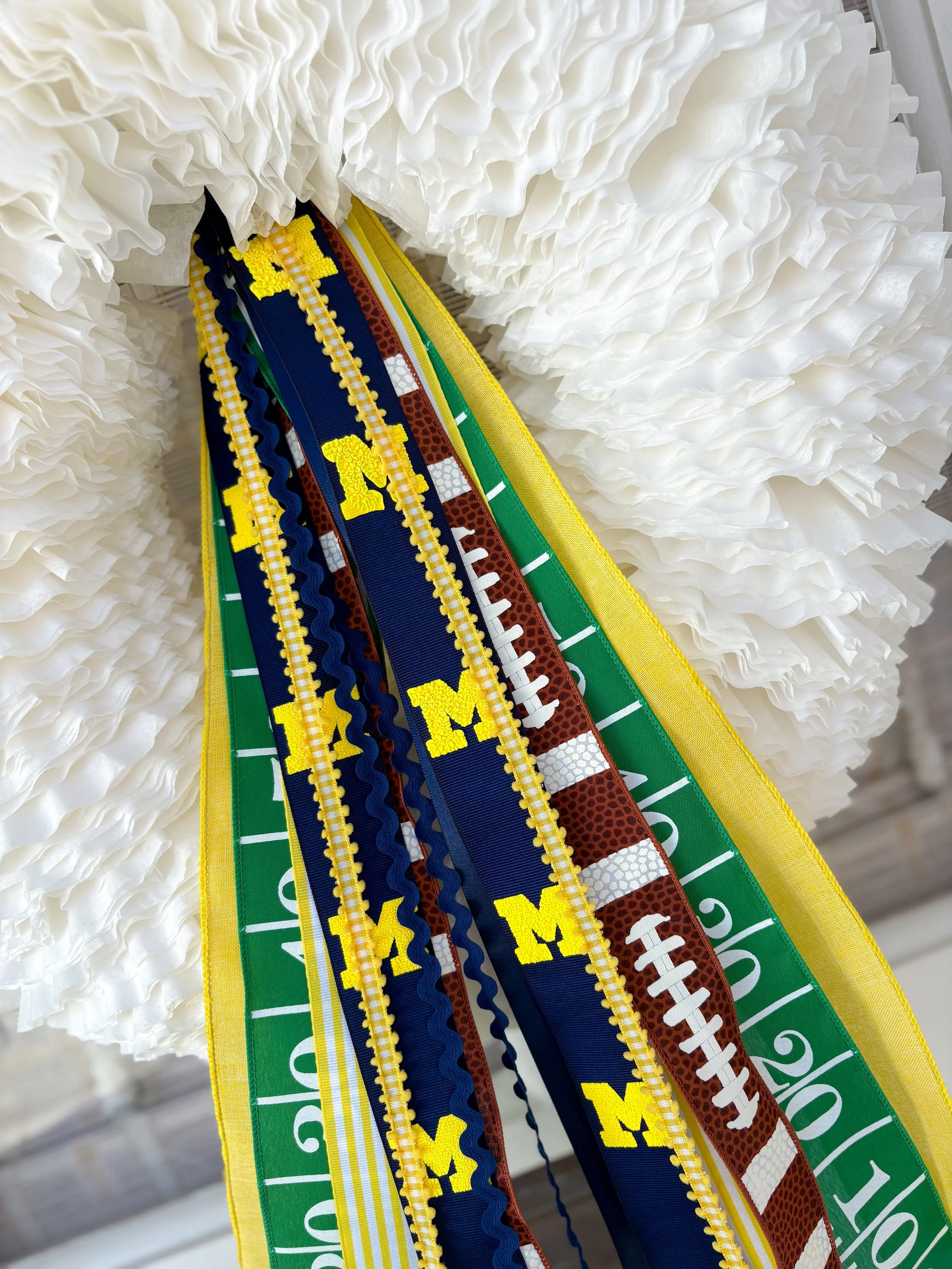 Ribbons hanging from a white, textured paper decorative backdrop, featuring University of Michigan themes and football motifs.