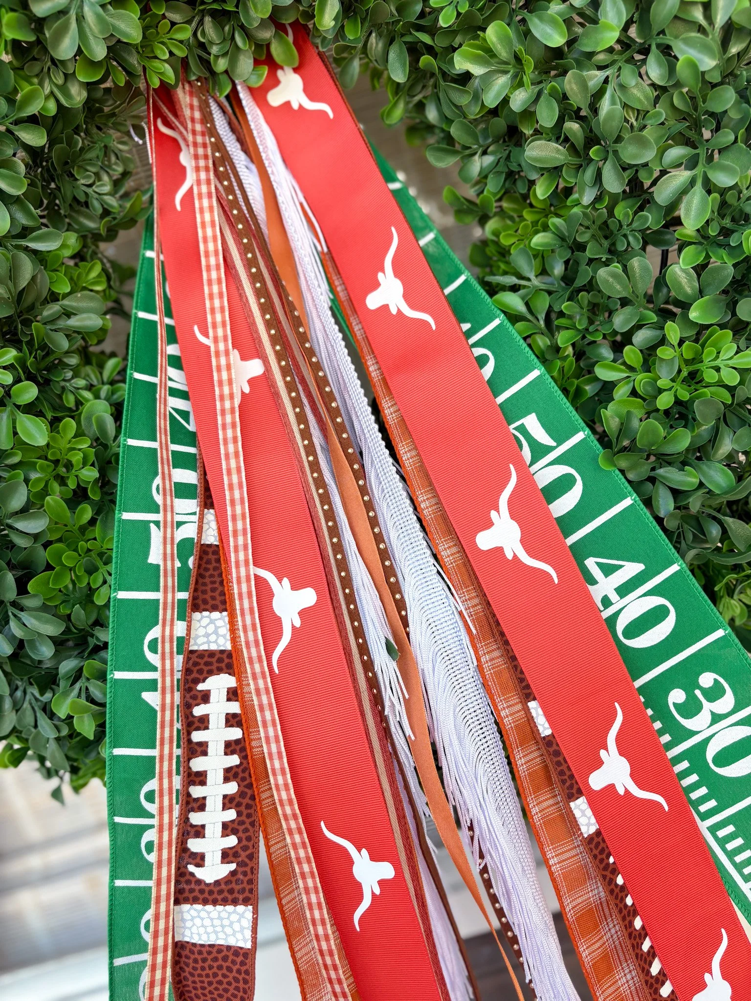 Close-up of various colorful ribbons and strips of sports-themed fabric hanging from a green shrub, including designs with Texas Longhorns, football, and yardage markers.