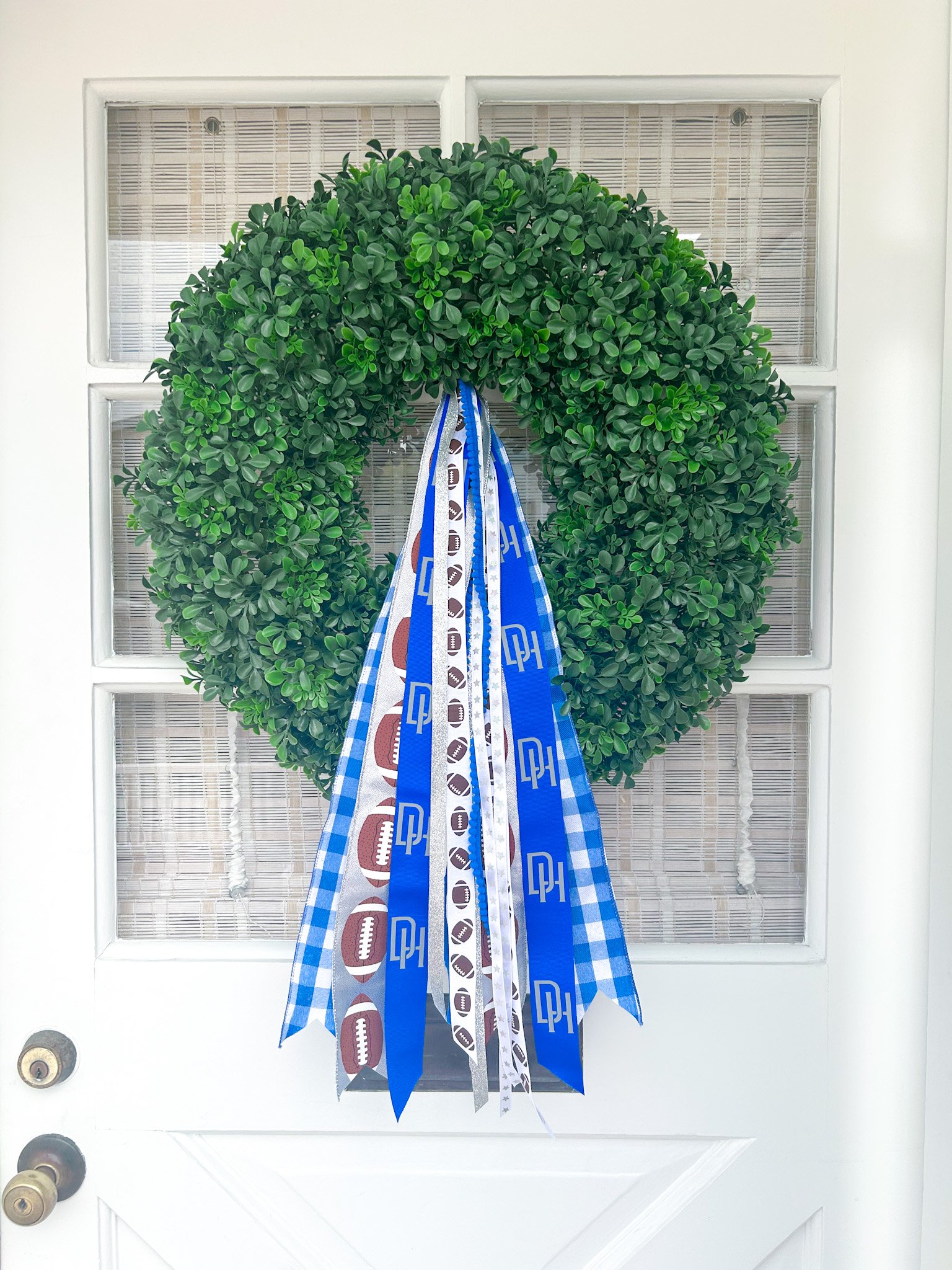 Green wreath with blue and white ribbons hanging on a white door.