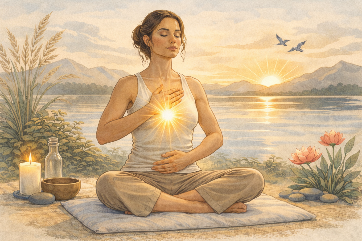 Arivu Physical Therapy. Woman sitting in the lotus position on a pillow meditating in a serene landscape with a glowing light coming from her chest.