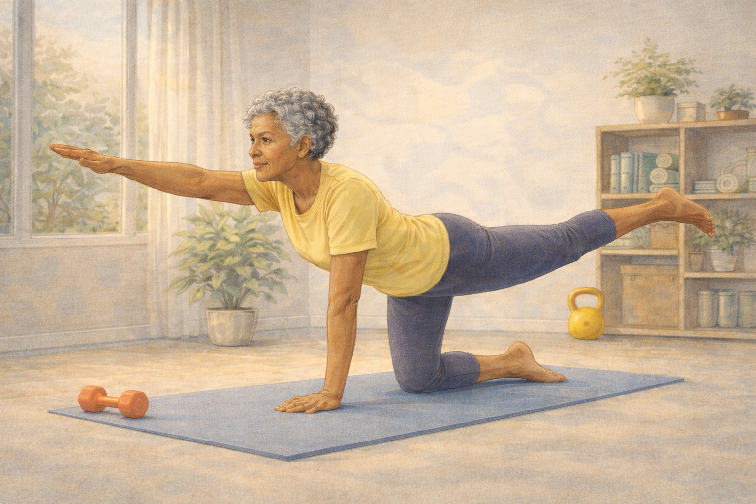 Arivu Physical Therapy. Woman performing physical therapy exercise on a blue mat.