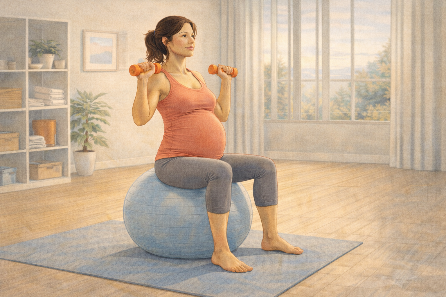 Arivu Physical Therapy. Pregnant woman performing exercise on a blue therapy ball with orange hand weights.
