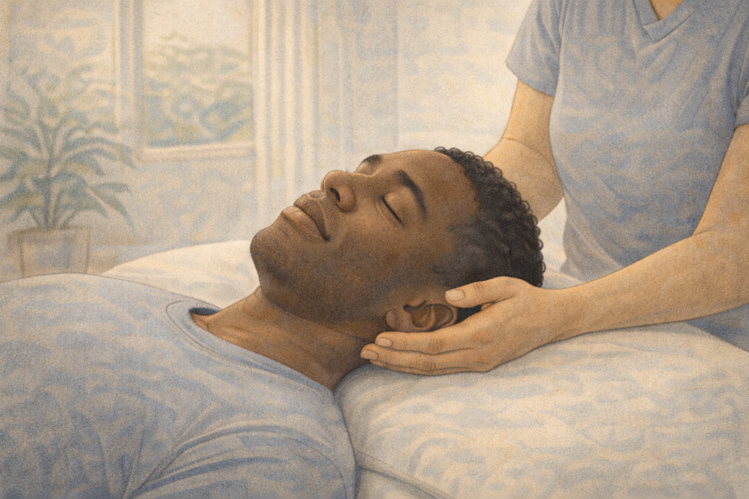 Arivu Physical Therapy. Man laying on a therapy mat receiving craneosacral therapy.