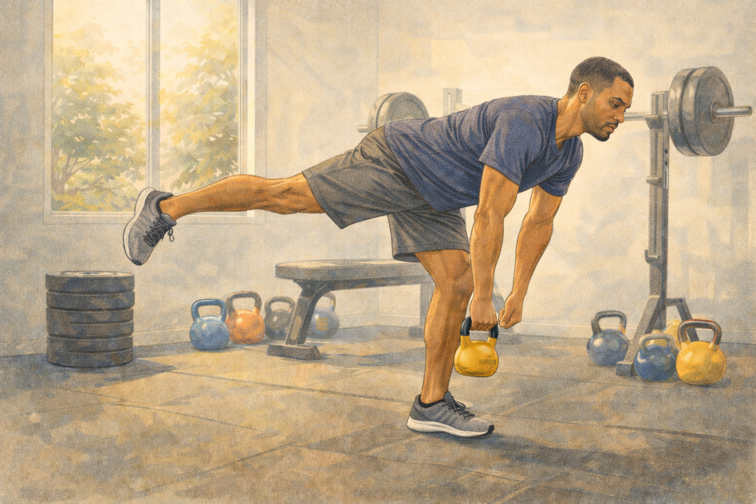 Arivu Physical Therapy. Man performing physical therapy exercise with exercise equipment in the background.